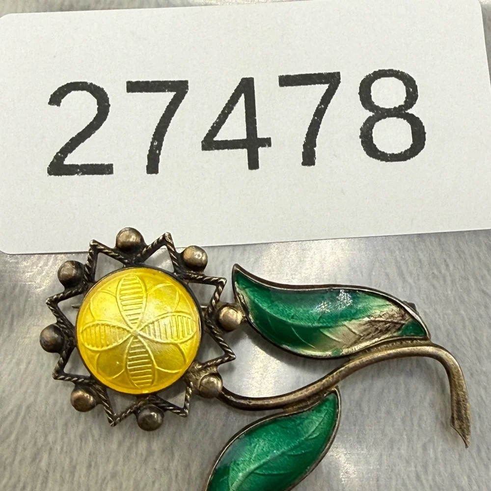 Vintage Sterling Silver Enamel Flower‎ Brooch Sunflower Spring Signed ANA